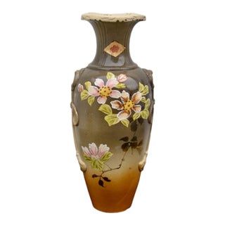 Antique Japanese Satsuma Style Moriage Porcelain Vase Hand Painted Blossoms For Sale