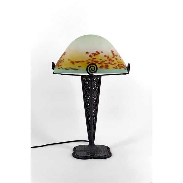 Mushroom Lamp in Wrought Iron and Blown Glass Shade, France, 1920s For Sale - Image 4 of 18