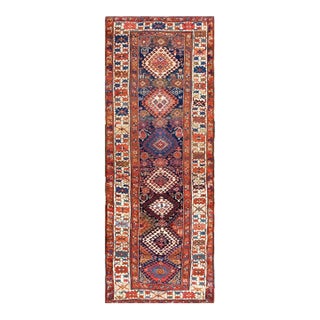 1890s Blue Navy Harshang Geometric Antique Nw Persian Rug 4'0" X 10'6" Handmade Wool Carpet For Sale