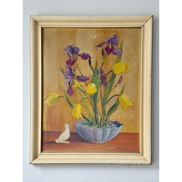 Early 20th Century Art Deco Still Life of Irises and Tulips With Bird, Oil on Board, Framed For Sale - Image 13 of 13