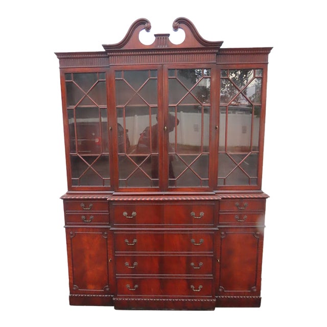 Union National Flame Mahogany 2 Part Breakfront China Display Cabinet 6666 For Sale