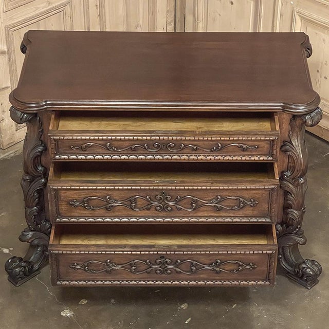 Wood Antique Italian Rococo Revival Hand Carved Walnut Commode For Sale - Image 7 of 18