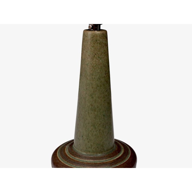 Brown 1960s Mid-Century Modern Pm Keramik, Tall Table Lamp, Green and Brown Carved Ceramic For Sale - Image 8 of 11