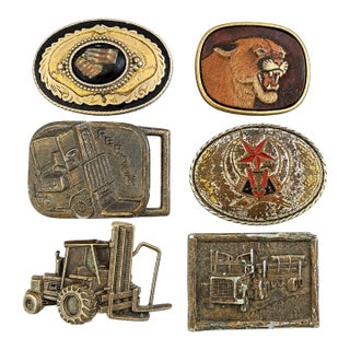 Collection of 6 Vintage Western & Industrial Brass Belt Buckles With Americana Motifs For Sale