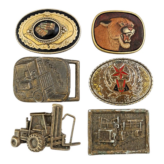 Collection of 6 Vintage Western & Industrial Brass Belt Buckles With Americana Motifs For Sale