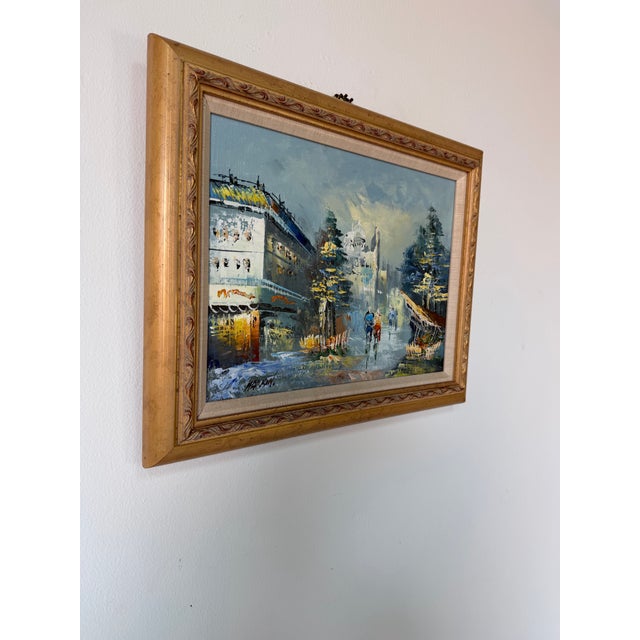 Charming 1990’s vintage oil on canvas painting depicting a romantic Parisian street scene, signed Harison in the lower...