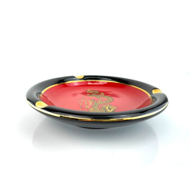 Vintage Italian Black and Red Ceramic Ashtray With Gilt Dragon Motif For Sale - Image 9 of 10