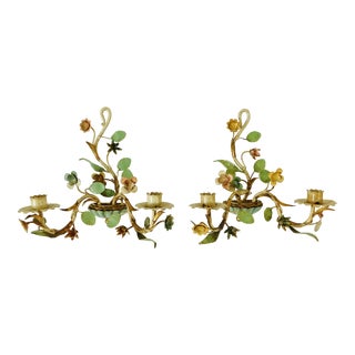 Early 20th Century Italian Tole Toleware Wall Candle Holder Sconces, Italy - Set of 2 For Sale