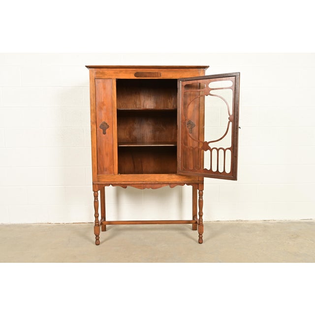1920s Berkey & Gay Style Antique English Jacobean Carved Walnut and Burl Wood Bookcase or Bar Cabinet, Circa 1920s For Sale - Image 5 of 13