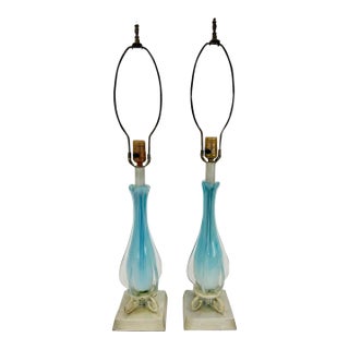 Pair of Vintage Murano Handblown Blue and Clear Glass Table Lamps For Sale
