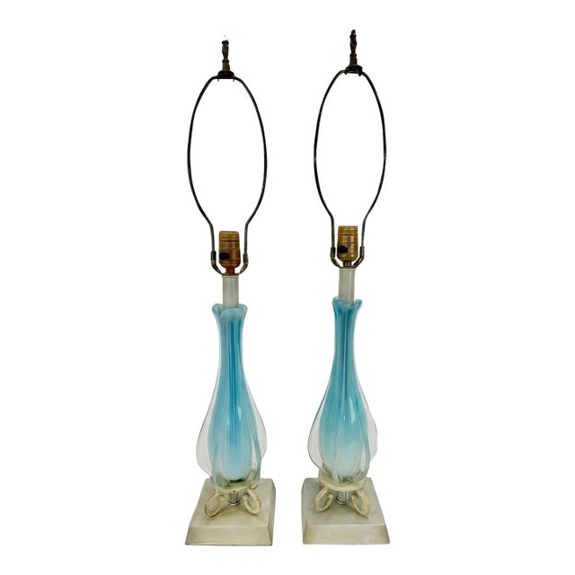 Pair of Vintage Murano Handblown Blue and Clear Glass Table Lamps For Sale