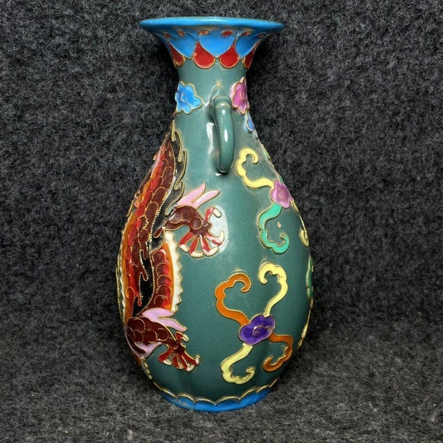 1990s Vintage Chinese Cloisonné Vase With Dragon Motif and Handles - Turquoise Ground For Sale - Image 5 of 9
