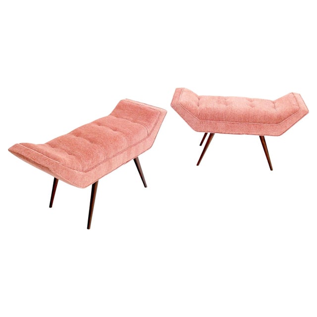 Pair of Mid-Century Modern Pink Velvet Upholstery Dowel Legs Benches For Sale - Image 9 of 9
