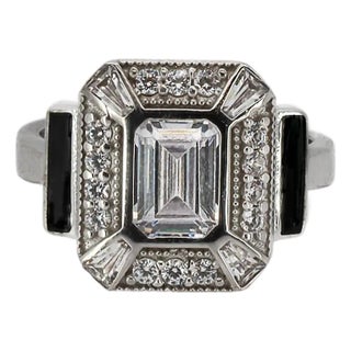 Pave Diamond & Black Enamel Sterling Silver Design Ring, Size 5 For Sale