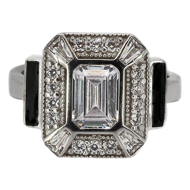 Pave Diamond & Black Enamel Sterling Silver Design Ring, Size 5 For Sale