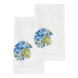 Blue Floral Bouquet Dinner Napkins White Cotton With Hem Stitch, Embroidered - Set of 2