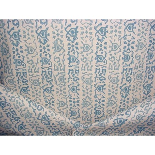 Lisa Fine Textiles Zoraya Aqua Ivory Tribal Ikat Linen Print Upholstery Fabric- 5 yards For Sale