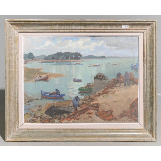 Traditional Framed Coastal Acrylic Painting With Boats, Late 20th Century For Sale - Image 3 of 4