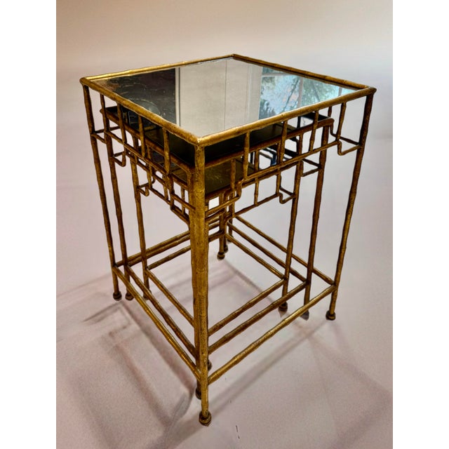 Chinoiserie Gilt Metal Fretwork Nesting Tables With Eglomisé Glass Tops, Set of Three For Sale - Image 3 of 11