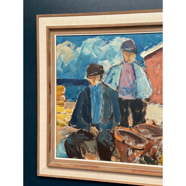 Original Swedish Oil on Canvas – “Figures at the Fish Shed” by Svend Nielsen – Signed – Vintage & Framed – 62 × 53 cm...