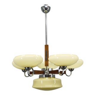 Art Deco Chrome and Walnut Chandelier, Czechoslovakia, 1930s For Sale
