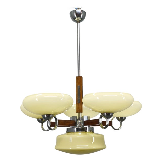 Art Deco Chrome and Walnut Chandelier, Czechoslovakia, 1930s For Sale