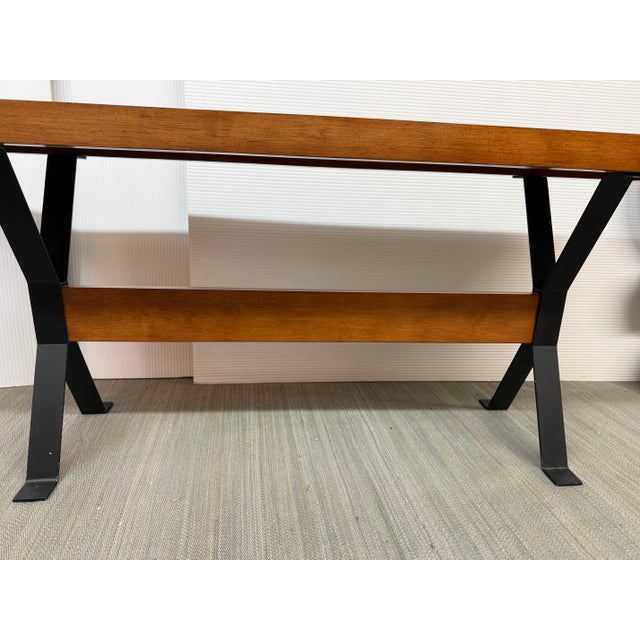 Wood Modern Walnut Console Table on Blackened Steel Trestle Base For Sale - Image 7 of 11