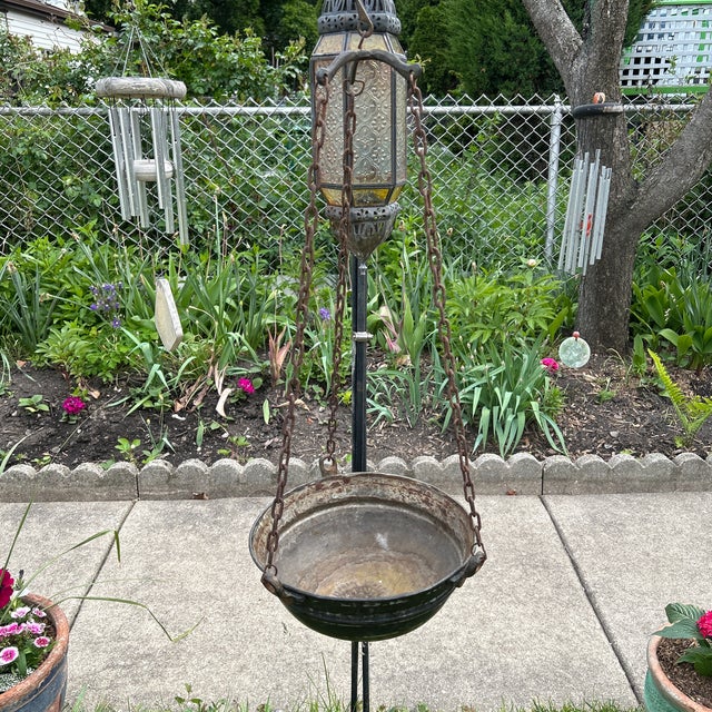 Antique Handmade Silver on Copper Handing Cauldron/Pot on Rusted Iron Chain For Sale - Image 11 of 12