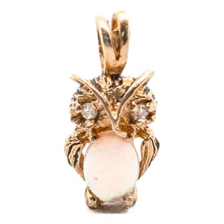Vintage 14k Yellow Gold, Opal & Diamond Figural Owl Pendant for a Necklace For Sale