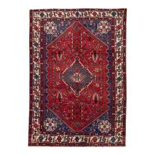 1960s Vintage Persian Shiraz Handmade Red Medallion Wool Rug For Sale