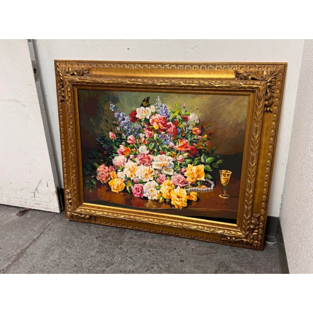 Metal Vintage S. Maez Floral Still Life Oil Painting, Signed For Sale - Image 7 of 12