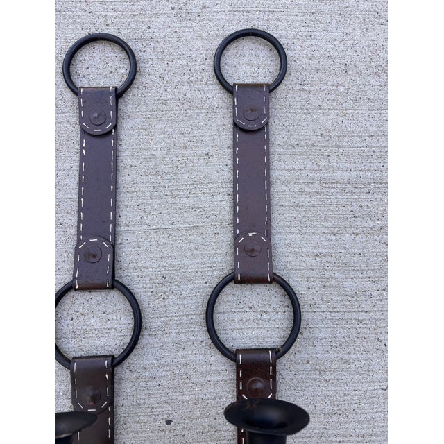 Rustic European 1990s Equestrian Faux Leather Metal Candle Sconces in Style of Jacques Adnet, a Pair For Sale - Image 3 of 9