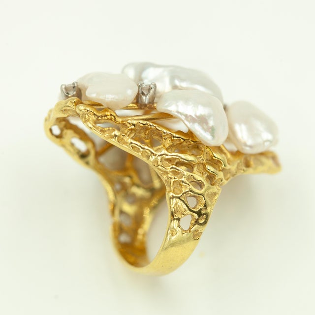 1980s 1980s Vintage Cellino 18k Diamond Natural Pearl Cocktail Ring, Size 5.75 For Sale - Image 5 of 11