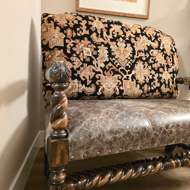 Rustic European Custom Louis XIII Revival Loveseat/Bench With Distressed Leather and Tapestry Upholstery For Sale - Image 3 of 12