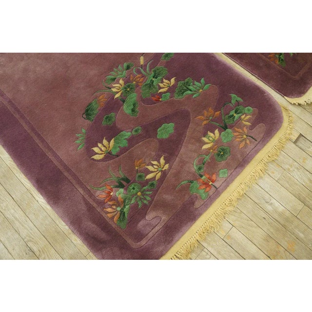 1920s Purple Floral Antqiue Pair of Chinese Art Deco Carpets 3' X 4'7" Knotted Wool Rugs For Sale - Image 9 of 12