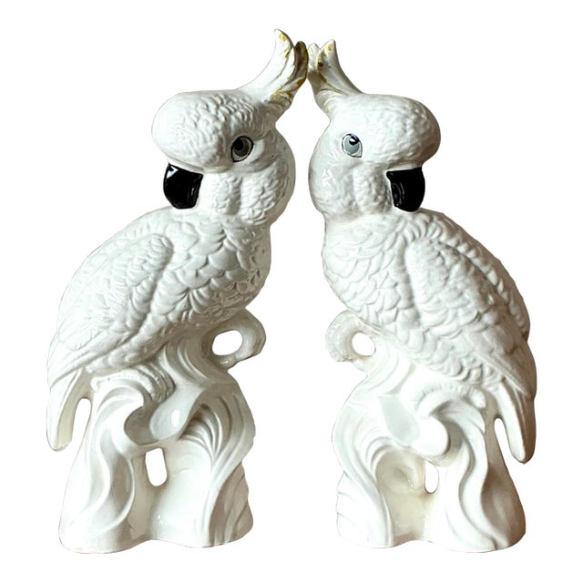 Vintage Regency Glazed Ceramic Cockatoos- Set of 2 For Sale