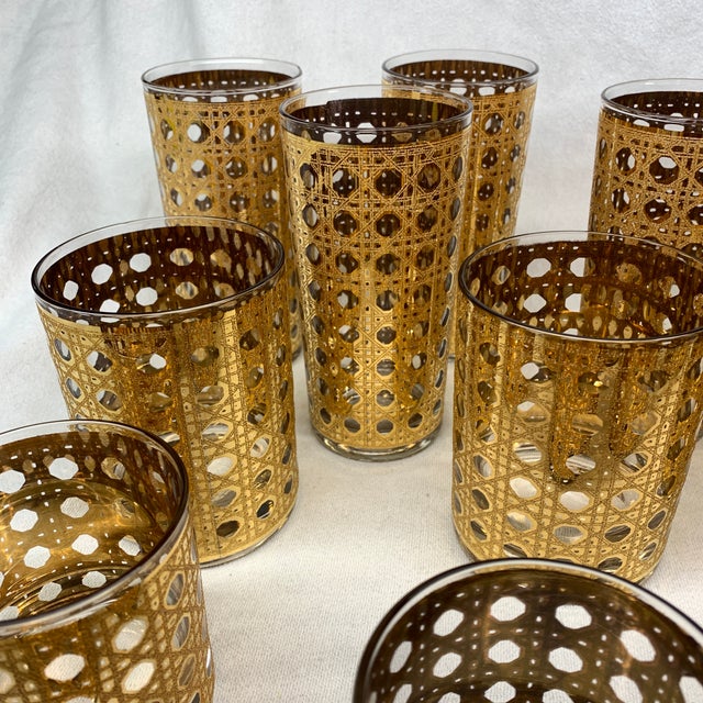 These are vintage Culver Cannella glassware pieces featuring an ornate 22-karat gold cane and basketweave overlay pattern....