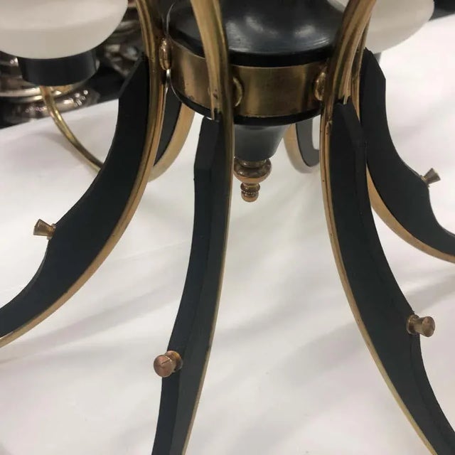 1950s Italian Mid-Century Modern Brass Ebonized Wood and White Glass Chandelier For Sale - Image 11 of 13