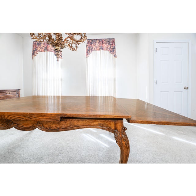 Brown 1970s Custom French Provincial Style Oak Dining Table With Parquet Top & Extensions (116.5”) For Sale - Image 8 of 8