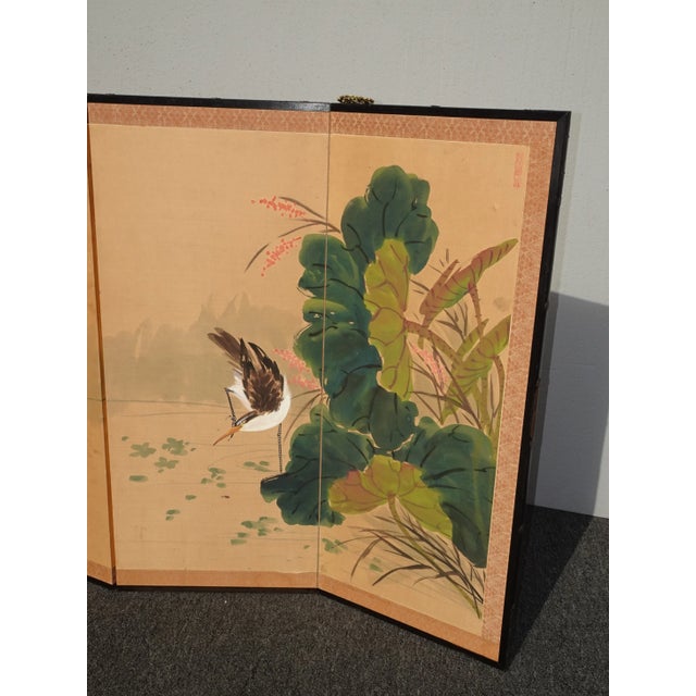 Wood Vintage Oriental Asian Four Panel Screen With Birds & Signed For Sale - Image 7 of 13