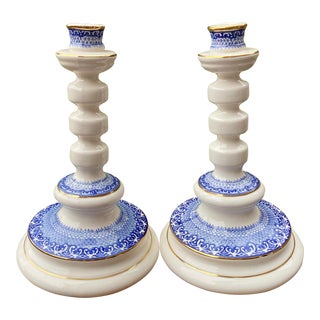 Vintage Scandinavian Norsk Flint Egersund Blue and White Ceramic Candlesticks, 1950 - a Pair For Sale
