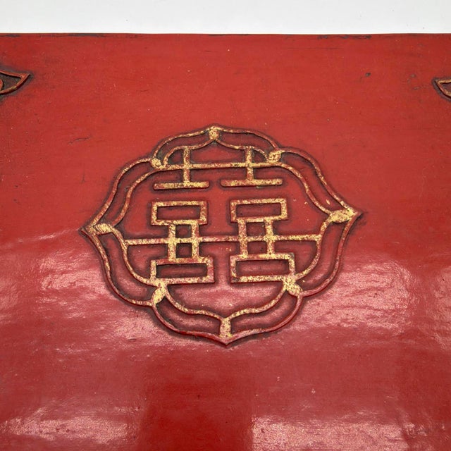 Vintage Chinese Red Leather & Wood Wedding Box With Double Happiness Motif For Sale - Image 4 of 12
