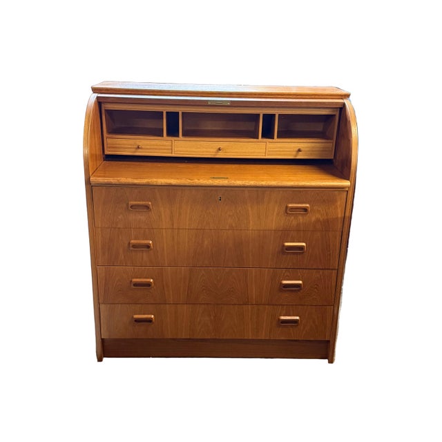 Mid-Century Modern 1960s MCM Danish Teak Roll Top Desk With Original Keys For Sale - Image 3 of 8