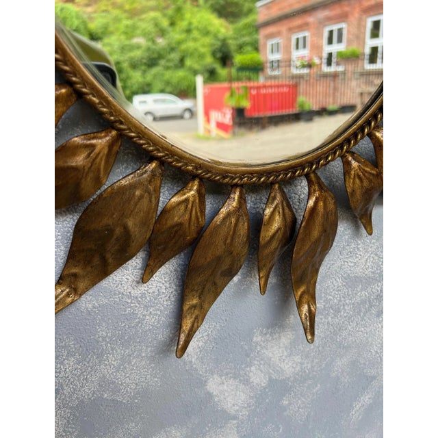 Spanish Oval Gilt Metal Sunburst Mirror With Alternating Leaves For Sale - Image 10 of 13