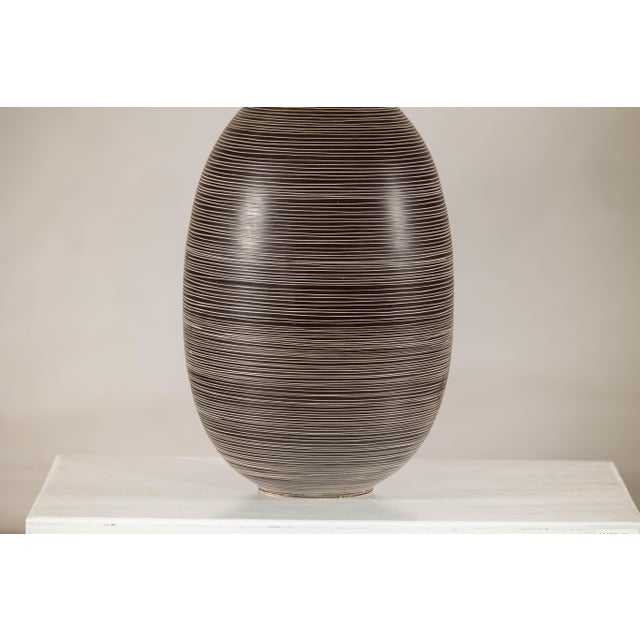 Large Artisan Ceramic Vase with Fine Linear Decoration in Brown and Cream For Sale - Image 12 of 16