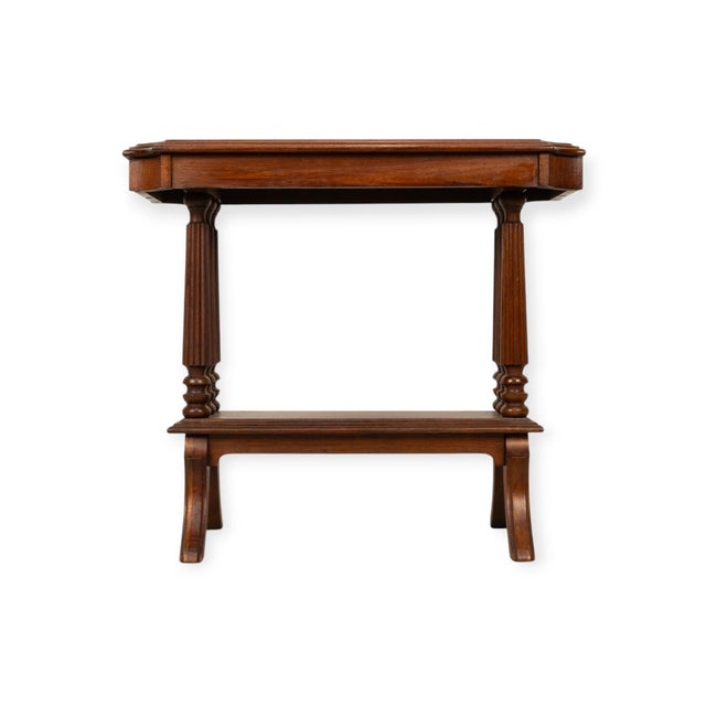 Vintage Neoclassical Walnut Side Table W/ Reeded Columns & Lower Shelf 25x13.5x22 For Sale - Image 9 of 11