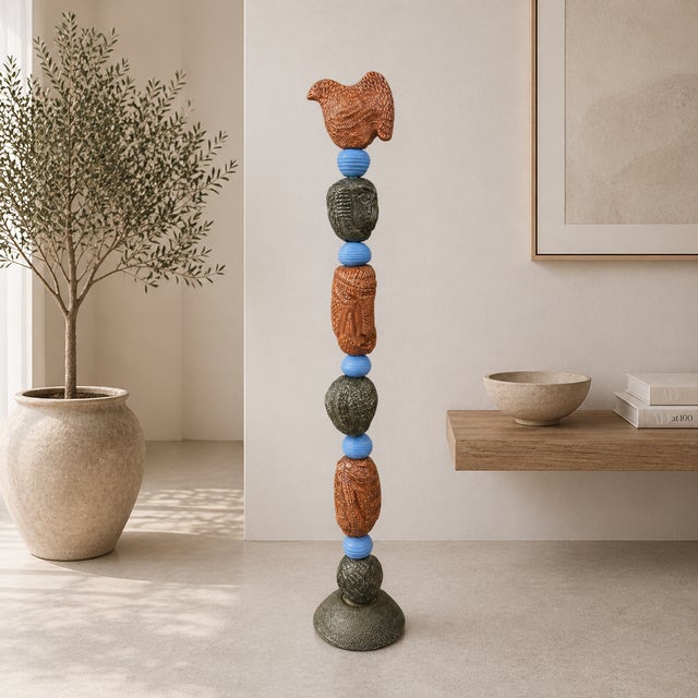 2020s Marc Zimmerman "Stone Perch 4" Glazed Ceramic Totem, 62 Inches Tall, Stone-Like Brown Forms, Blue Sphere Accents, Contemporary Art West Coast For Sale - Image 5 of 7