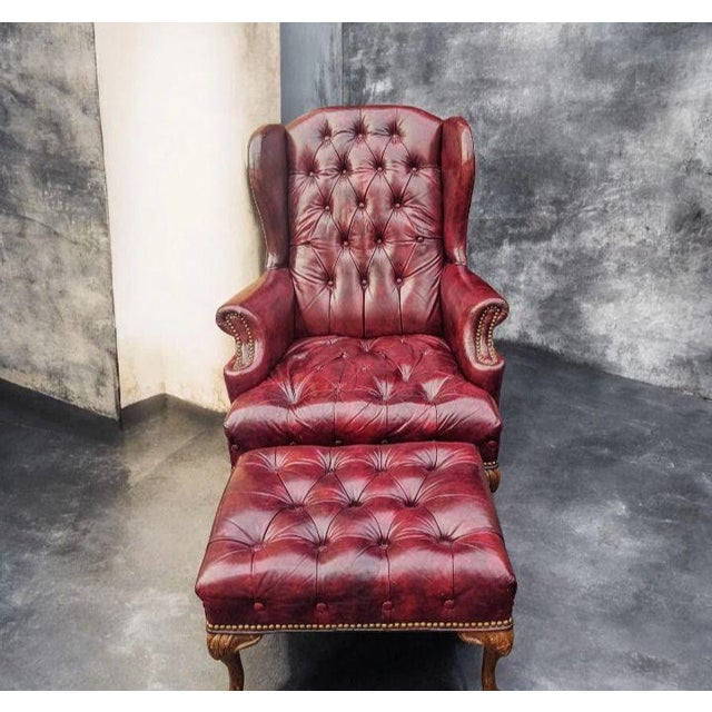 1990s Chesterfield Leather Wingback Chair With a Matching Ottoman by Ethan Allen For Sale - Image 9 of 12
