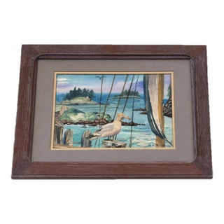 Vintage e.w. Ryerson Signed Watercolor Coastal Harbor Seagull Sailboat Framed For Sale