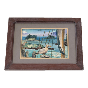 Vintage e.w. Ryerson Signed Watercolor Coastal Harbor Seagull Sailboat Framed